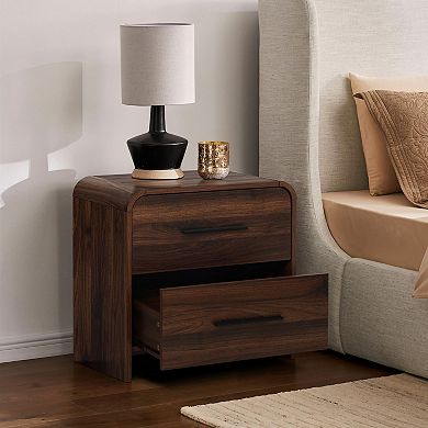 LuxenHome Walnut Finish 2-Drawer Nightstand & End Table, Engineered Wood with Rounded Corners