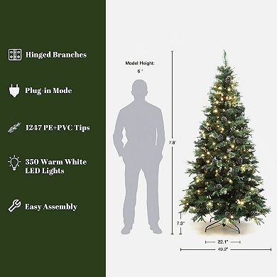 LuxenHome 7.5Ft Pre-Lit Artificial Pine Christmas Tree with Metal Stand, Green Branches & Lights