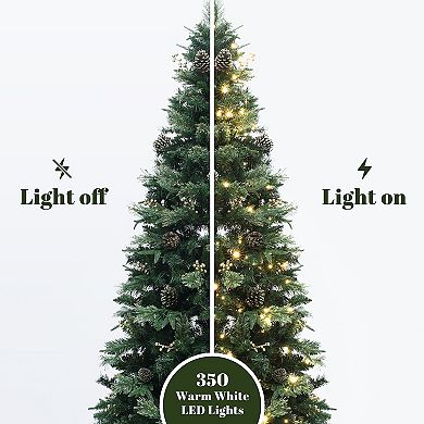 LuxenHome 7.5Ft Pre-Lit Artificial Pine Christmas Tree with Metal Stand, Green Branches & Lights