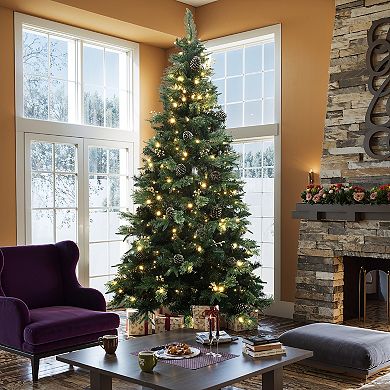 LuxenHome 7.5Ft Pre-Lit Artificial Pine Christmas Tree with Metal Stand, Green Branches & Lights