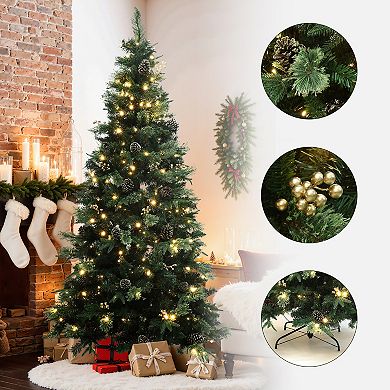 LuxenHome 7.5Ft Pre-Lit Artificial Pine Christmas Tree with Metal Stand, Green Branches & Lights