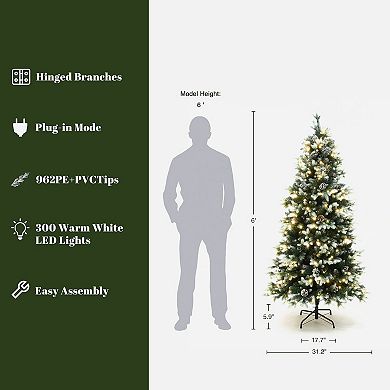 LuxenHome 6Ft Pre-Lit Green Branches with Green and White Tips Artificial Christmas Tree with Stand