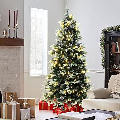 LuxenHome 6Ft Pre-Lit Green Branches with Green and White Tips Artificial Christmas Tree with Stand