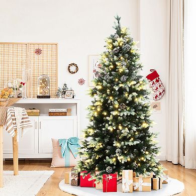 LuxenHome 6Ft Pre-Lit Green Branches with Green and White Tips Artificial Christmas Tree with Stand