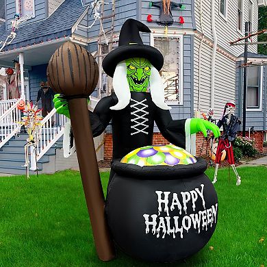 GOOSH 6.5FT Inflatable Witch with Cauldron Light-Up Happy Halloween Yard Decoration