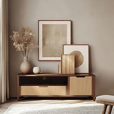 LuxenHome Walnut Finish MDF Wood with Rope Front TV Console with Storage