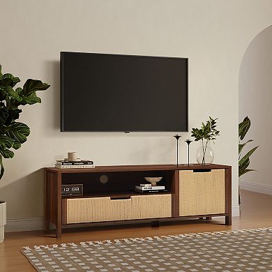 LuxenHome Walnut Finish MDF Wood with Rope Front TV Console with Storage
