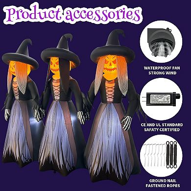 GOOSH 7FT Inflatable Trio of Pumpkin Witches Light-Up Halloween Yard Decoration