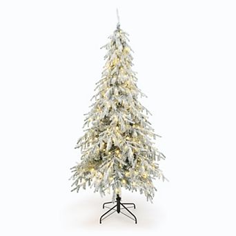 LuxenHome 7.5Ft Pre-Lit Flocked Sweeping Branches Artificial Christmas Tree with Metal Stand