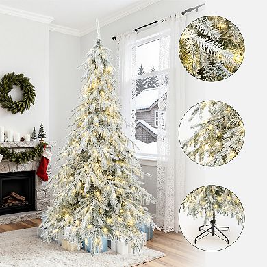 LuxenHome 7.5Ft Pre-Lit Flocked Sweeping Branches Artificial Christmas Tree with Metal Stand
