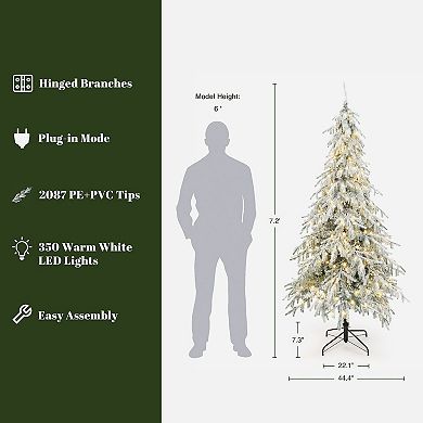 LuxenHome 7.5Ft Pre-Lit Flocked Sweeping Branches Artificial Christmas Tree with Metal Stand