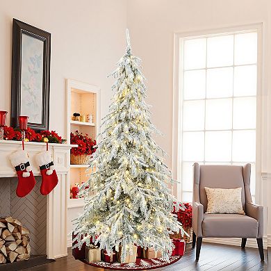 LuxenHome 7.5Ft Pre-Lit Flocked Sweeping Branches Artificial Christmas Tree with Metal Stand