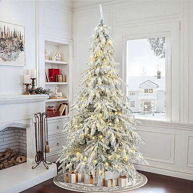 LuxenHome 7.5Ft Pre-Lit Flocked Sweeping Branches Artificial Christmas Tree with Metal Stand