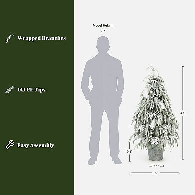 LuxenHome 4Ft Unlit Artificial Potted Tree with White Snow-Flocked and Soft Branches