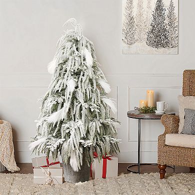 LuxenHome 4Ft Unlit Artificial Potted Tree with White Snow-Flocked and Soft Branches