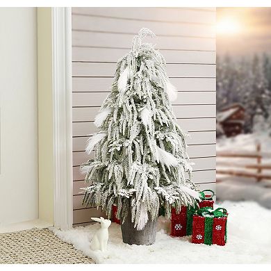 LuxenHome 4Ft Unlit Artificial Potted Tree with White Snow-Flocked and Soft Branches
