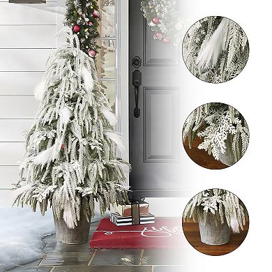LuxenHome 4Ft Unlit Artificial Potted Tree with White Snow-Flocked and Soft Branches