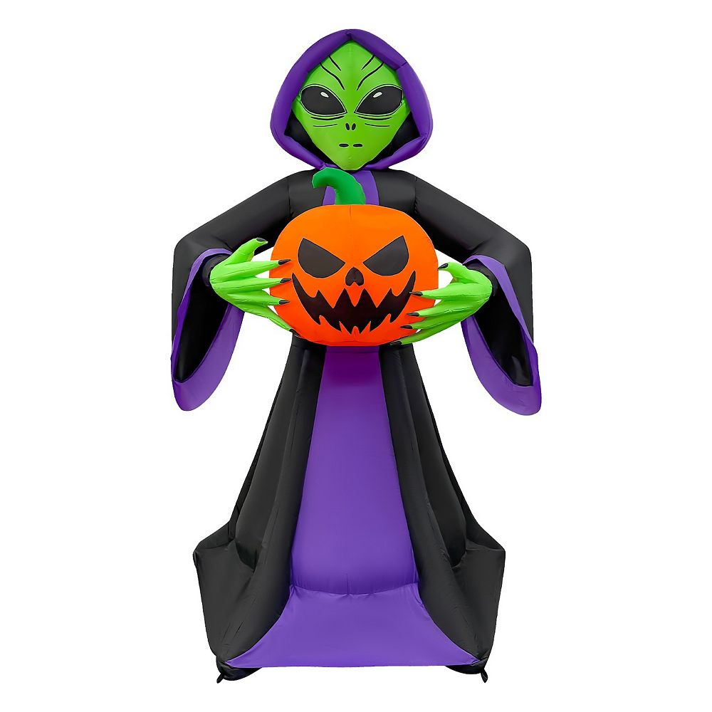GOOSH 8FT Inflatable Alien Holding Pumpkin Light-Up Halloween Yard ...