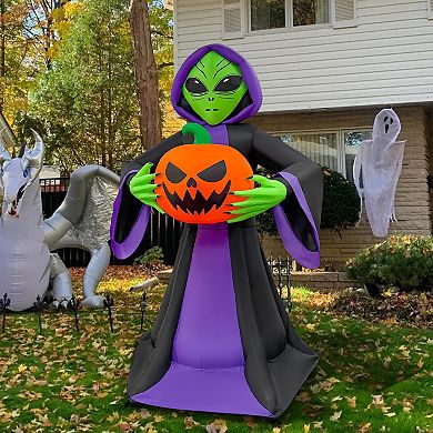 GOOSH 8FT Inflatable Alien Holding Pumpkin Light-Up Halloween Yard Decoration