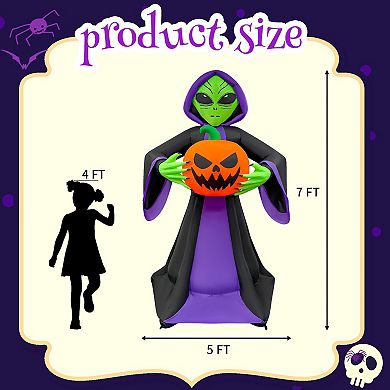 GOOSH 8FT Inflatable Alien Holding Pumpkin Light-Up Halloween Yard Decoration