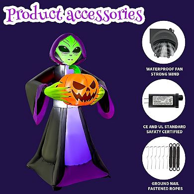 GOOSH 8FT Inflatable Alien Holding Pumpkin Light-Up Halloween Yard Decoration