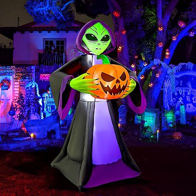 GOOSH 8FT Inflatable Alien Holding Pumpkin Light-Up Halloween Yard Decoration