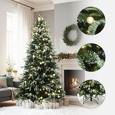 LuxenHome 6.5Ft Pre-Lit Green Full Artificial Christmas Tree with 350 Mixed Warm Lights and Stand
