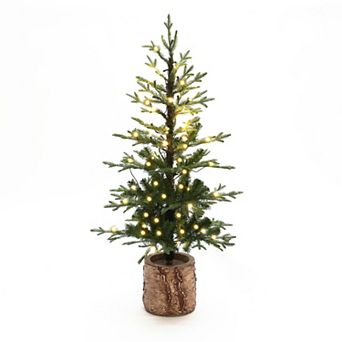 LuxenHome 4Ft Pre-Lit Winter Green Artificial Evergreen Christmas Tree Potted