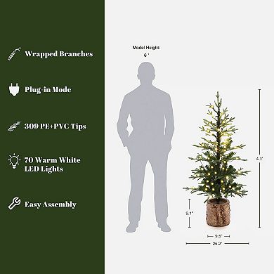 LuxenHome 4Ft Pre-Lit Winter Green Artificial Evergreen Christmas Tree Potted