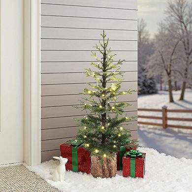 LuxenHome 4Ft Pre-Lit Winter Green Artificial Evergreen Christmas Tree Potted