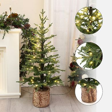 LuxenHome 4Ft Pre-Lit Winter Green Artificial Evergreen Christmas Tree Potted