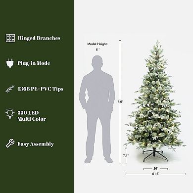 LuxenHome 7.5-Foot Pre-Lit Artificial Christmas Tree with Frosted Pine Branches, 10 Light Modes