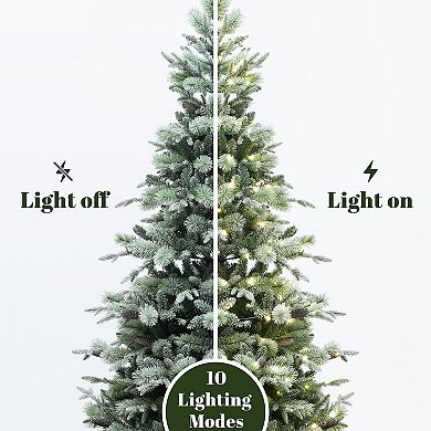 LuxenHome 7.5-Foot Pre-Lit Artificial Christmas Tree with Frosted Pine Branches, 10 Light Modes