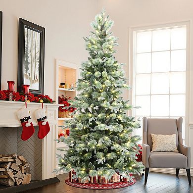 LuxenHome 7.5-Foot Pre-Lit Artificial Christmas Tree with Frosted Pine Branches, 10 Light Modes