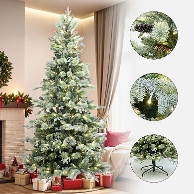 LuxenHome 7.5-Foot Pre-Lit Artificial Christmas Tree with Frosted Pine Branches, 10 Light Modes