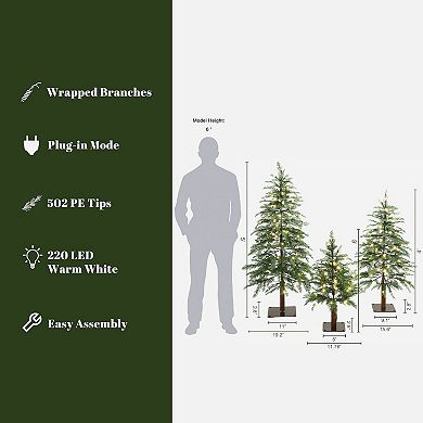LuxenHome 3-Piece Artificial Trees with Lights and Flat Metal Stand, Holiday Set (3Ft, 4Ft, 5Ft)