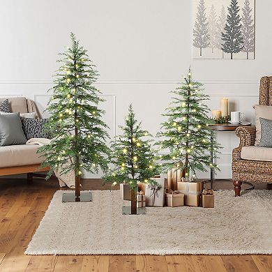 LuxenHome 3-Piece Artificial Trees with Lights and Flat Metal Stand, Holiday Set (3Ft, 4Ft, 5Ft)