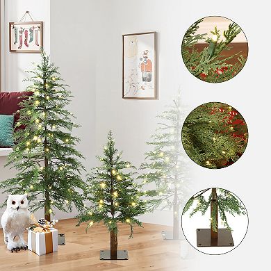 LuxenHome 3-Piece Artificial Trees with Lights and Flat Metal Stand, Holiday Set (3Ft, 4Ft, 5Ft)