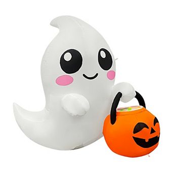 GOOSH 5FT Inflatable Cute Ghost with Pumpkin Bucket Light-Up Halloween Yard Decoration