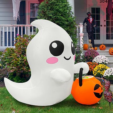 GOOSH 5FT Inflatable Cute Ghost with Pumpkin Bucket Light-Up Halloween Yard Decoration