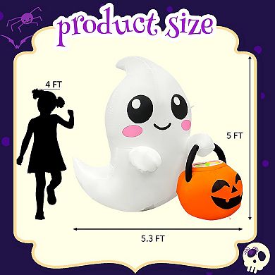 GOOSH 5FT Inflatable Cute Ghost with Pumpkin Bucket Light-Up Halloween Yard Decoration