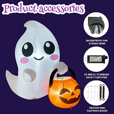 GOOSH 5FT Inflatable Cute Ghost with Pumpkin Bucket Light-Up Halloween Yard Decoration