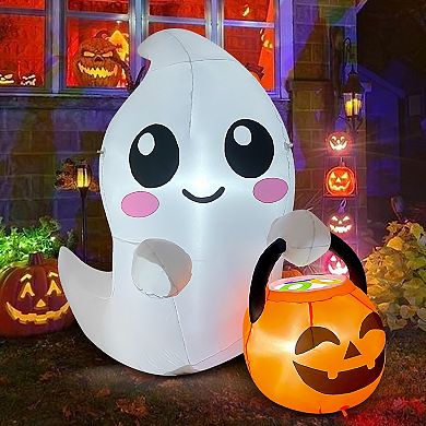 GOOSH 5FT Inflatable Cute Ghost with Pumpkin Bucket Light-Up Halloween Yard Decoration