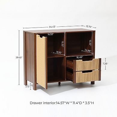 LuxenHome Walnut Finish Storage Cabinet with Rope Drawer Front, 1 Door, 2 Drawers, MDF Wood