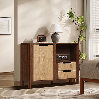 LuxenHome Walnut Finish Storage Cabinet with Rope Drawer Front, 1 Door, 2 Drawers, MDF Wood