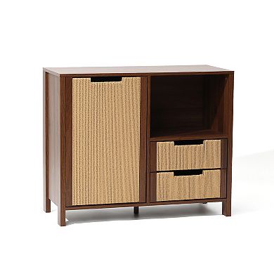 LuxenHome Walnut Finish Storage Cabinet with Rope Drawer Front, 1 Door, 2 Drawers, MDF Wood