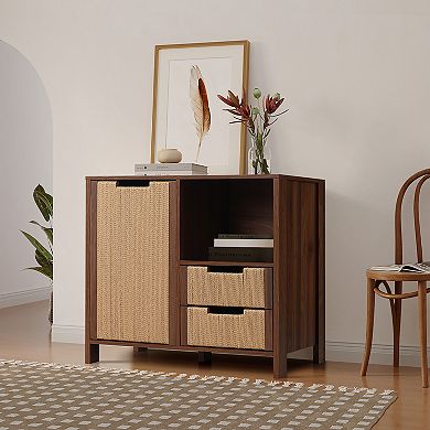 LuxenHome Walnut Finish Storage Cabinet with Rope Drawer Front, 1 Door, 2 Drawers, MDF Wood
