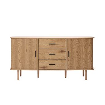 LuxenHome Oak Finish MDF Wood 3-Drawer Sideboard Cabinet with Sliding Doors & Rounded Corners