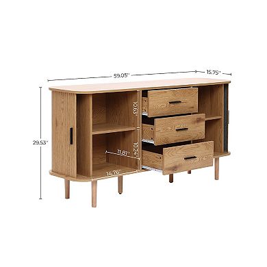 LuxenHome Oak Finish MDF Wood 3-Drawer Sideboard Cabinet with Sliding Doors & Rounded Corners