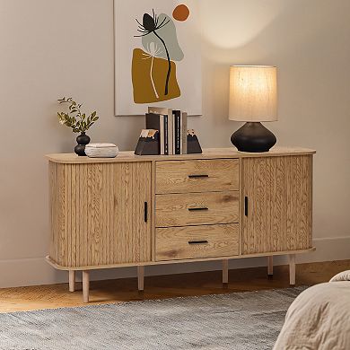 LuxenHome Oak Finish MDF Wood 3-Drawer Sideboard Cabinet with Sliding Doors & Rounded Corners